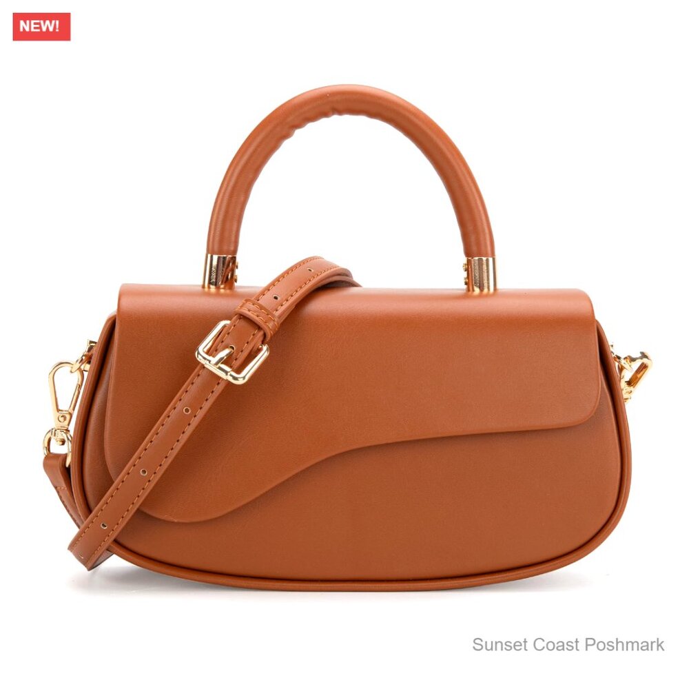 Faux Leather Top Handle Crossbody Bag Mini Handbag Medium Brown Classic New